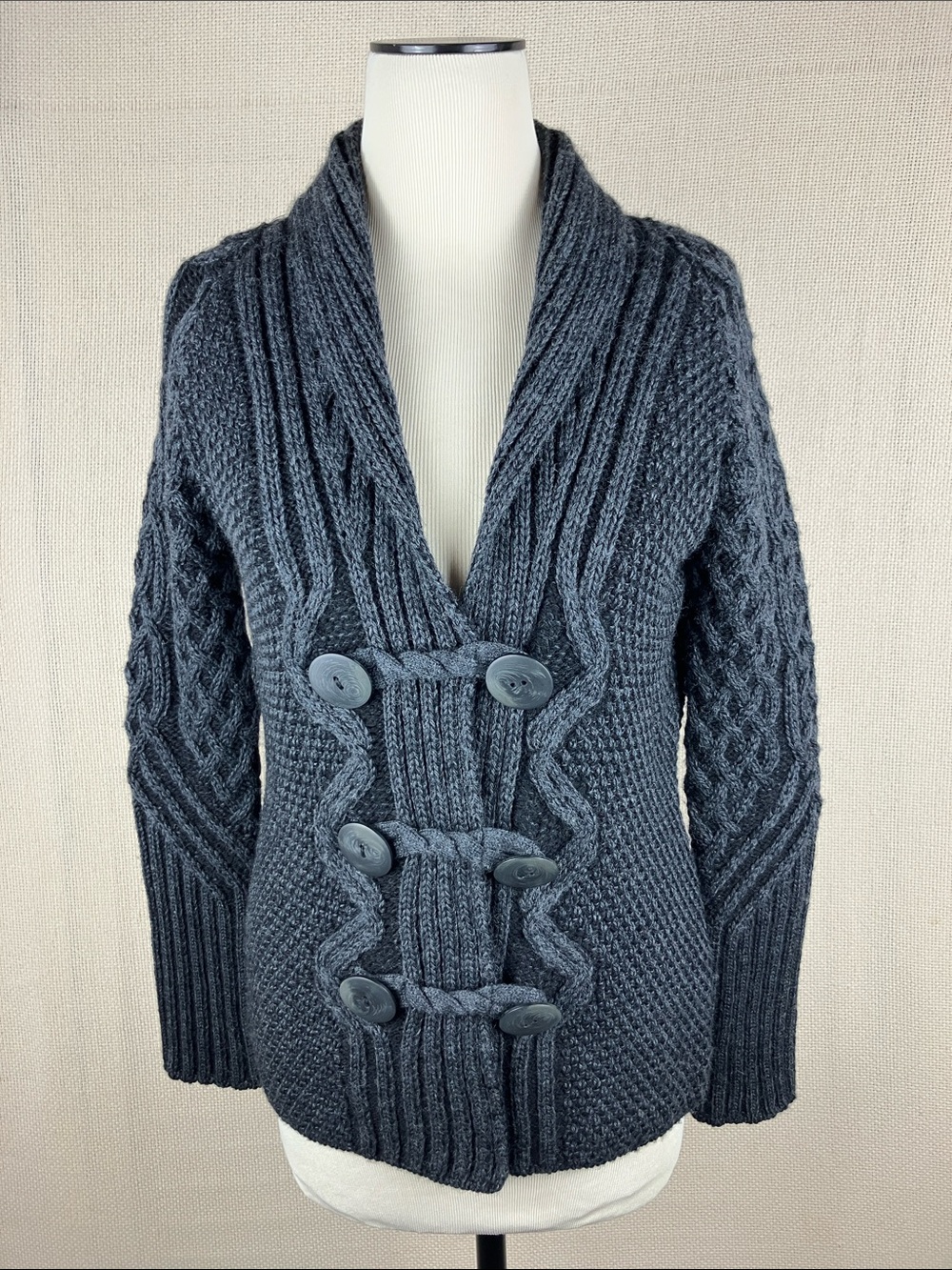 Inis Crafts Ireland Merino Wool 2-Tone Cable Knit Shawl Collar Button Sweater